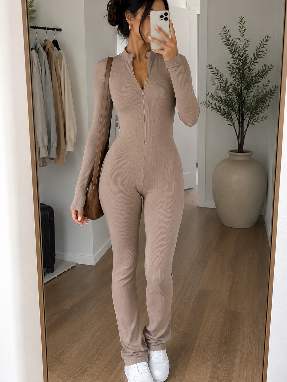 Fashion Nova Taupe Ribbed Zip-Front Long-Sleeve Jumpsuit